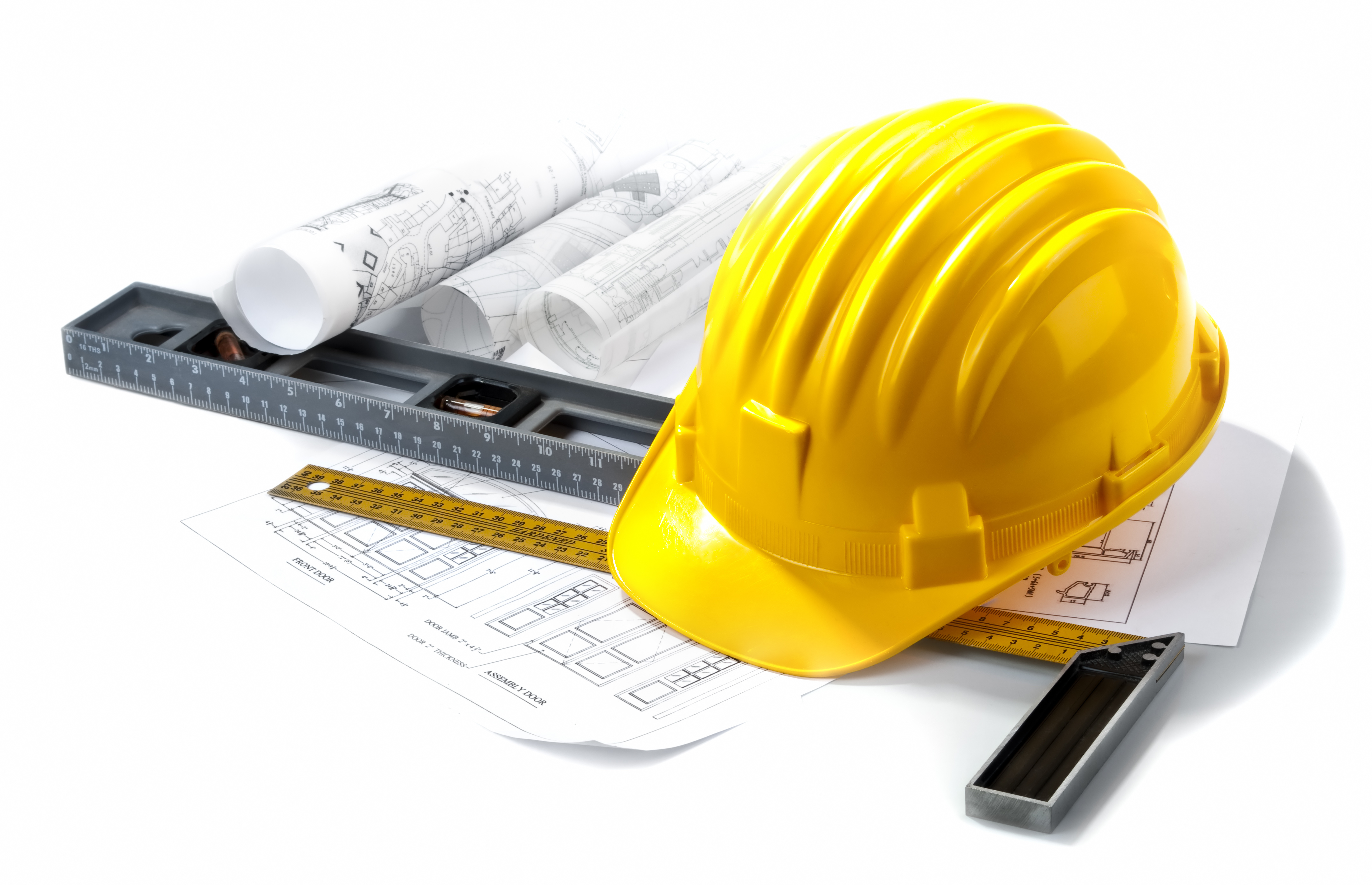 isolated hard hat with blueprints and rulers on white contractor_image